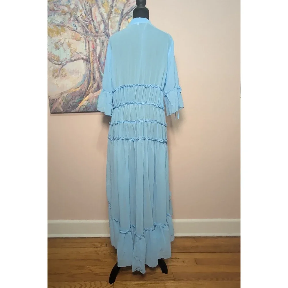 Womens Boho Large Baby Blue Sheer Chiffon Ruffled Tiered High Low Dress - Picture 8 of 15